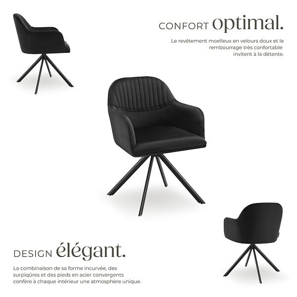 TECTAKE - Lot de 2 chaises pivotantes à 360° en velours avec rembourrage noir - large