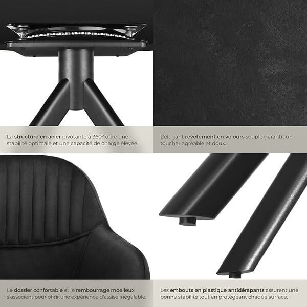 TECTAKE - Lot de 2 chaises pivotantes à 360° en velours avec rembourrage noir - large