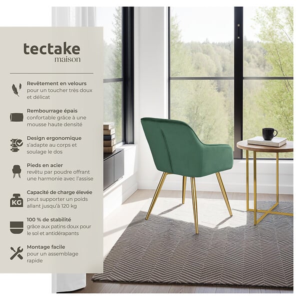 TECTAKE - Ensemble de 6 chaises rembourrées aspect velours vert foncé/or - large