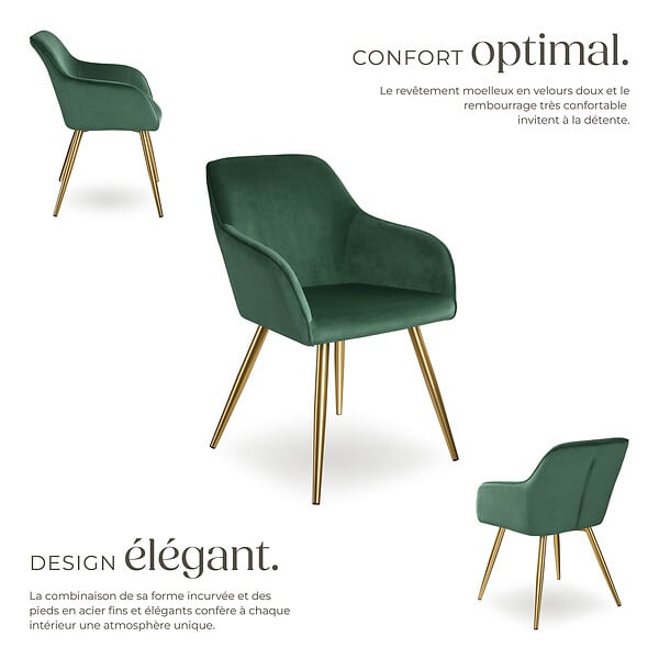 TECTAKE - Ensemble de 6 chaises rembourrées aspect velours vert foncé/or - large