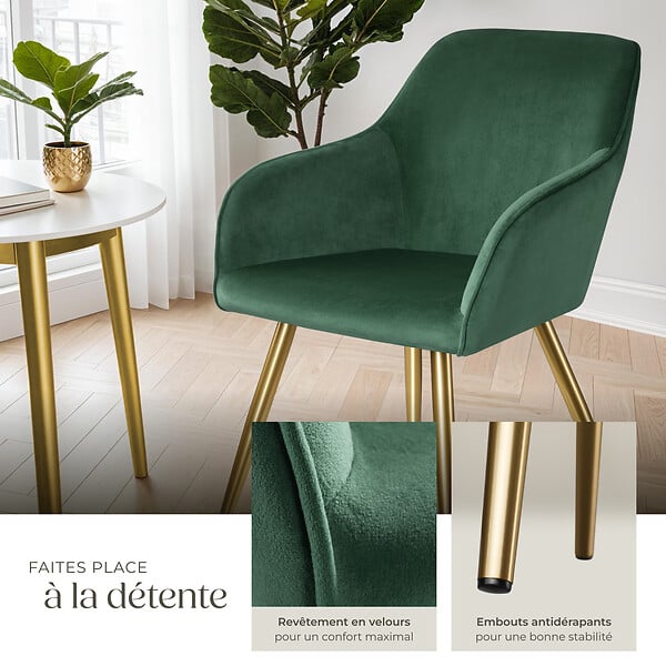 TECTAKE - Ensemble de 6 chaises rembourrées aspect velours vert foncé/or - large