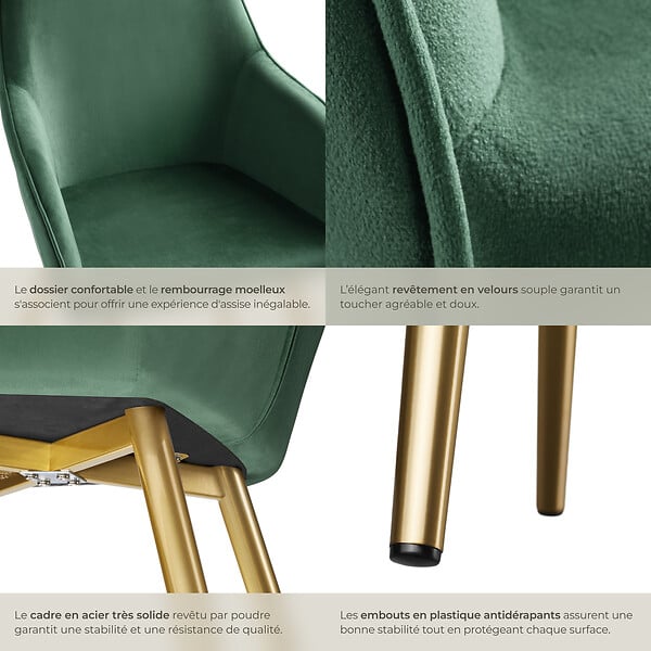 TECTAKE - Ensemble de 6 chaises rembourrées aspect velours vert foncé/or - large