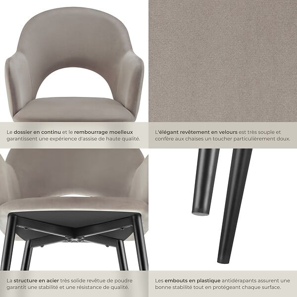 TECTAKE - Lot 2 Fauteuils aspect velours rembourré max 120 kg taupe - large