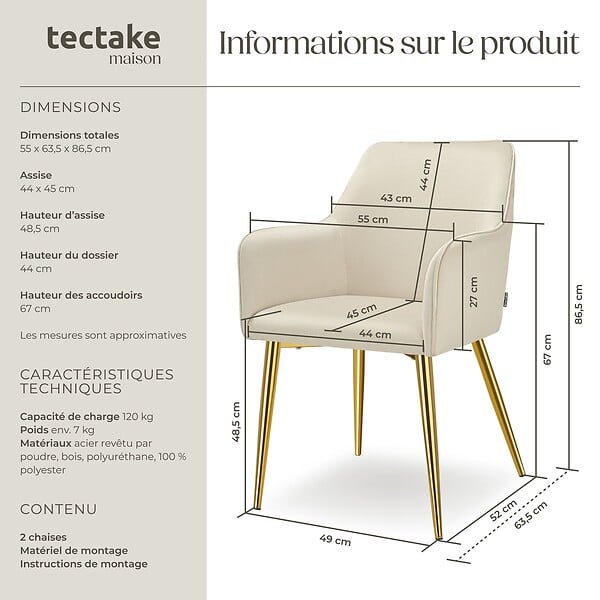 TECTAKE - Lot 2 Fauteuils aspect velours rembourrés avec dossier continu beige - large