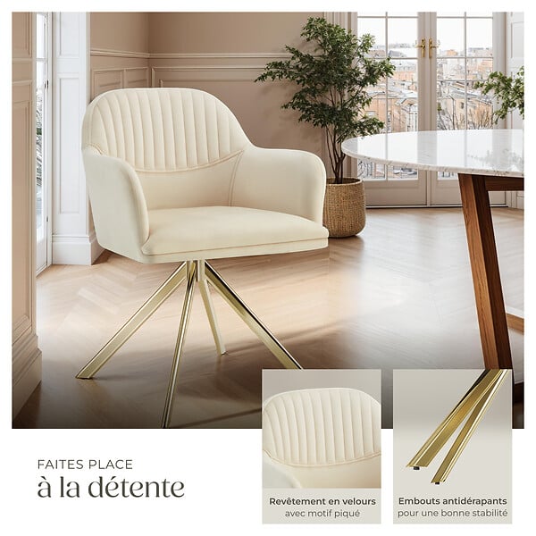 TECTAKE - Chaise pivotante à 360° en velours avec rembourrage épais crème/or - large