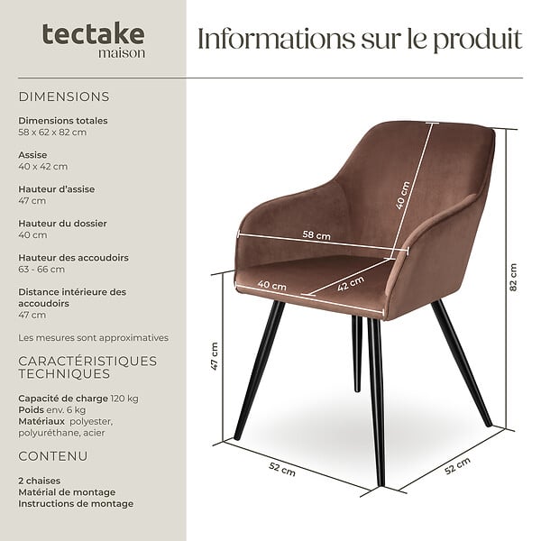 TECTAKE - Ensemble de 2 chaises en cuir synthétique aspect velours brun-noir - large