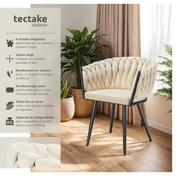 TECTAKE - Lot 6 chaises de salle à manger en velours design noué sables - large
