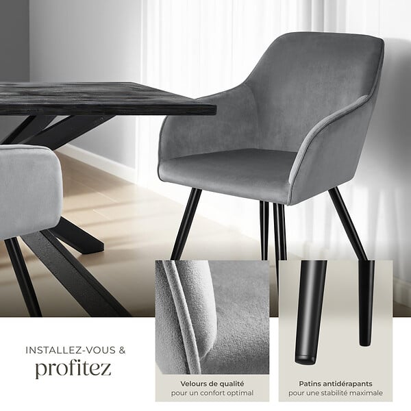 TECTAKE - Ensemble de 2 chaises cuir synthétique aspect velours gris/noir - large