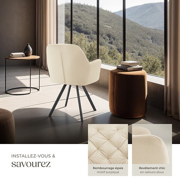 TECTAKE - Lot 6 fauteuils pivotants 180° velours rembourrés matelassés crème - large