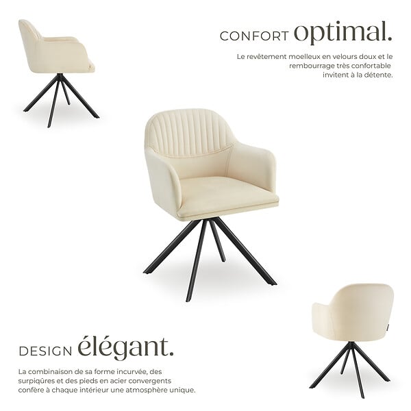 TECTAKE - Lot 6 chaises pivotantes à 360° en velours avec rembourrage crème/noir - large