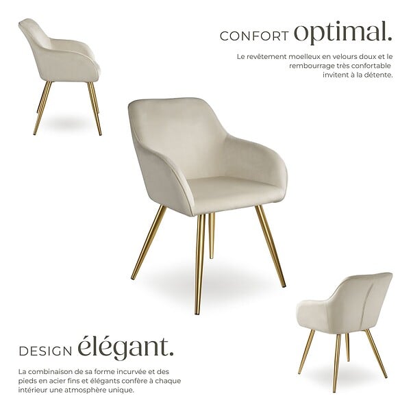 TECTAKE - Chaise Rembourrée aspect velours Dossier ergonomique crème/or - large