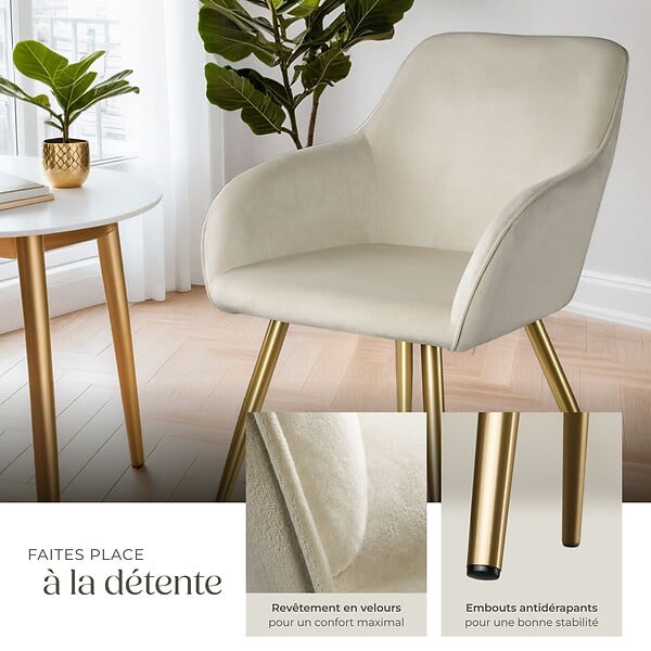 TECTAKE - Chaise Rembourrée aspect velours Dossier ergonomique crème/or - large