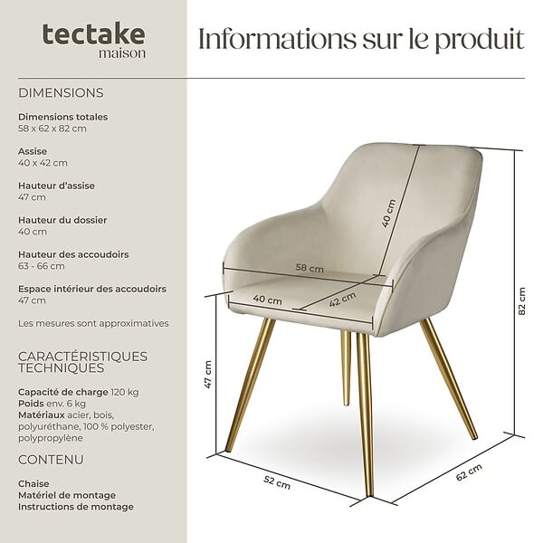 TECTAKE - Chaise Rembourrée aspect velours Dossier ergonomique crème/or - large
