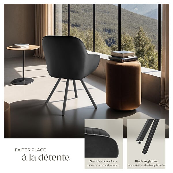 TECTAKE - Lot 2 chaises pivotantes à 360° avec accoudoirs velours noires - large