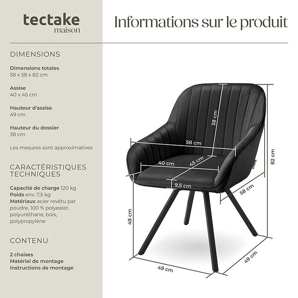 TECTAKE - Lot 2 chaises pivotantes à 360° avec accoudoirs velours noires - large