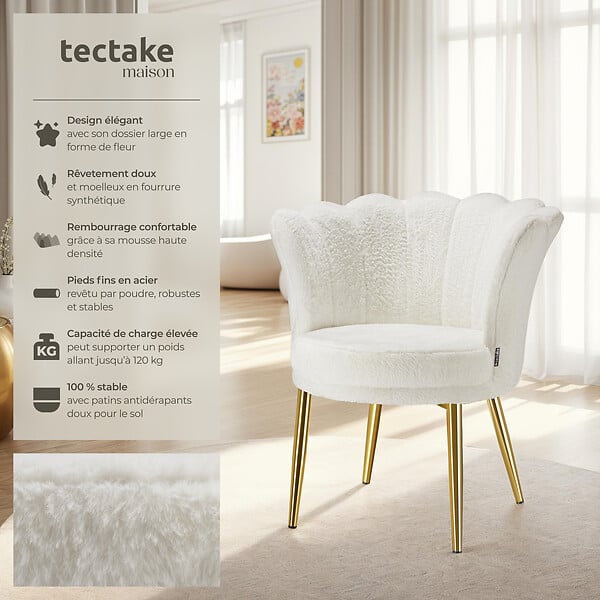 TECTAKE - Fauteuil rembourrage épais revêtement fourrure synthétique crème/or - large