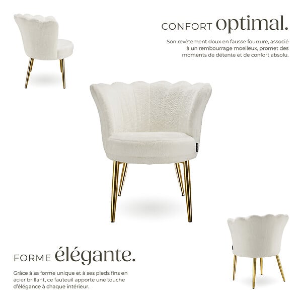 TECTAKE - Fauteuil rembourrage épais revêtement fourrure synthétique crème/or - large