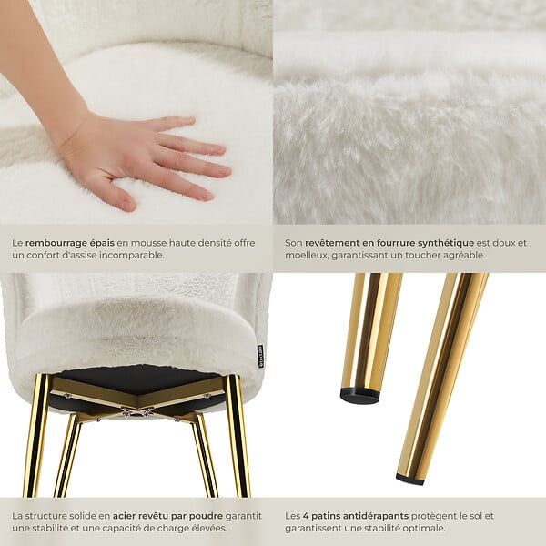 TECTAKE - Fauteuil rembourrage épais revêtement fourrure synthétique crème/or - large