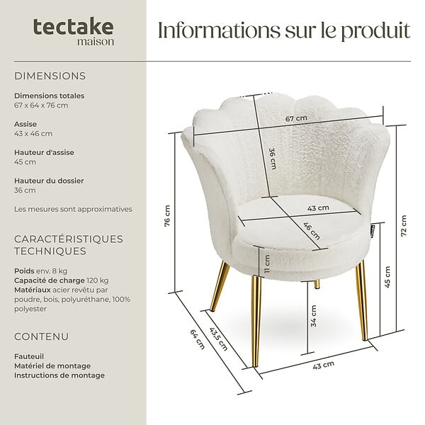 TECTAKE - Fauteuil rembourrage épais revêtement fourrure synthétique crème/or - large