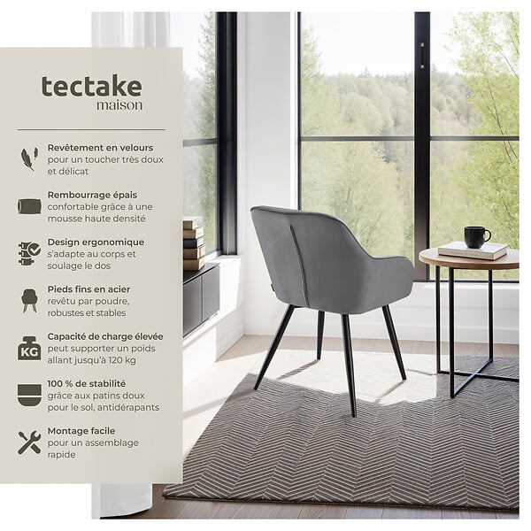 TECTAKE - Lot 6 chaises de salle à manger en velours matelassées gris - large