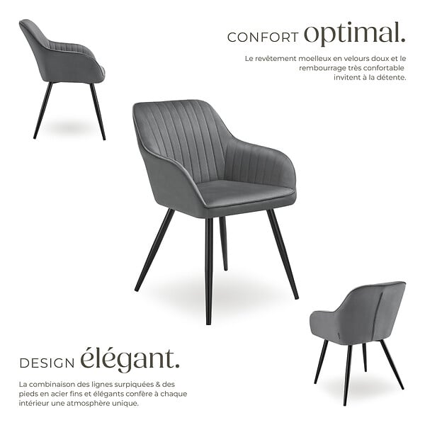 TECTAKE - Lot 6 chaises de salle à manger en velours matelassées gris - large