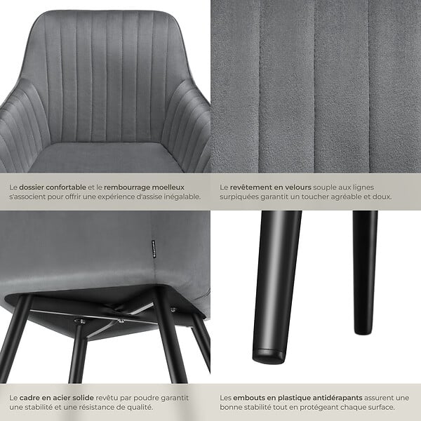 TECTAKE - Lot 6 chaises de salle à manger en velours matelassées gris - large