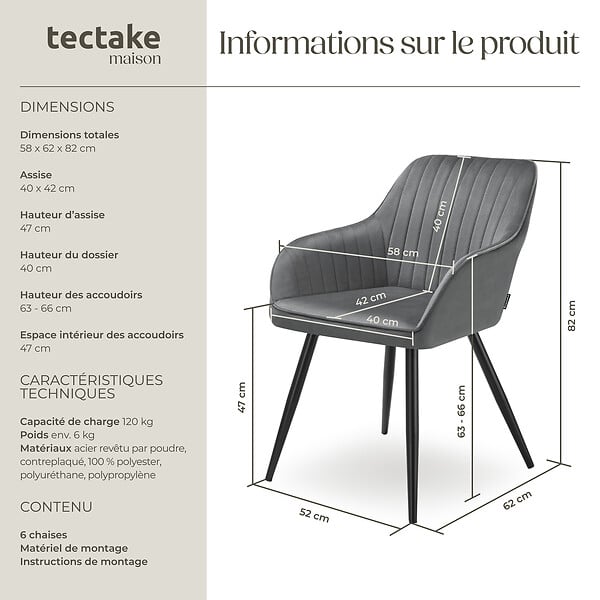 TECTAKE - Lot 6 chaises de salle à manger en velours matelassées gris - large