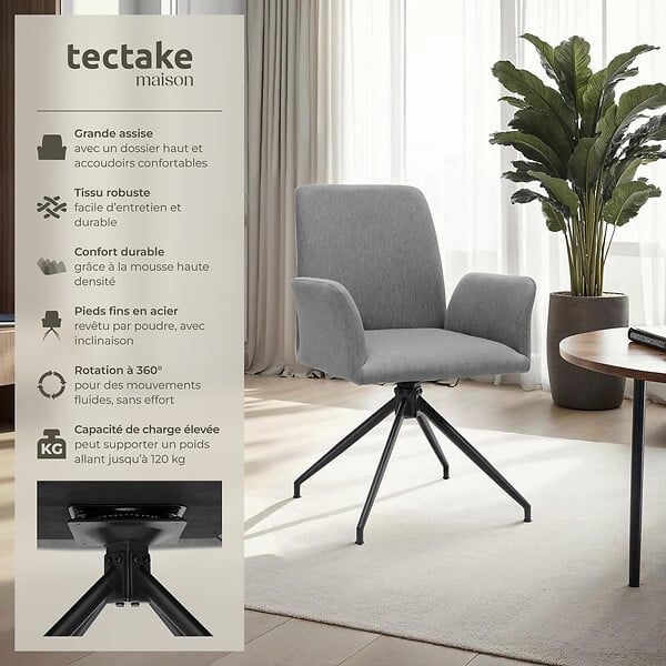 TECTAKE - Lot 6 fauteuils pivotants 360° rembourrés tissu robuste anthracite - large