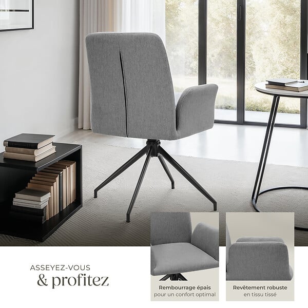 TECTAKE - Lot 6 fauteuils pivotants 360° rembourrés tissu robuste anthracite - large