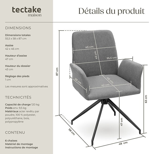 TECTAKE - Lot 6 fauteuils pivotants 360° rembourrés tissu robuste anthracite - large