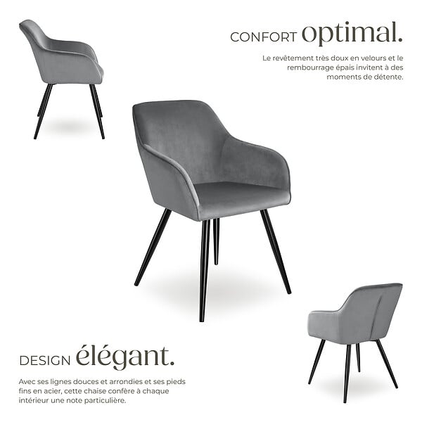 TECTAKE - Ensemble de 4 chaises en cuir synthétique aspect velours gris et noir - large