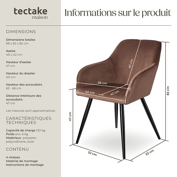 TECTAKE - Ensemble de 4 chaises en cuir synthétique aspect velours brun-noir - large