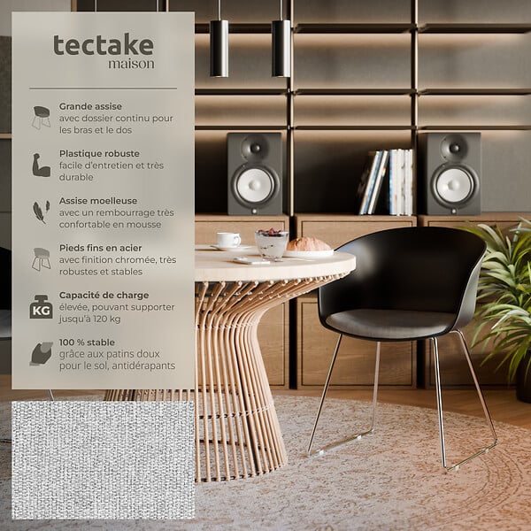 TECTAKE - Lot 2 Fauteuils rembourrés avec accoudoirs en plastique noir/chrome - large