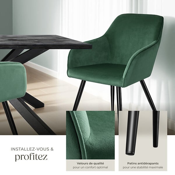 TECTAKE - Ensemble de 4 chaises en cuir synthétique aspect velours vert et noir - large