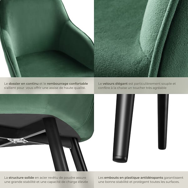 TECTAKE - Ensemble de 4 chaises en cuir synthétique aspect velours vert et noir - large
