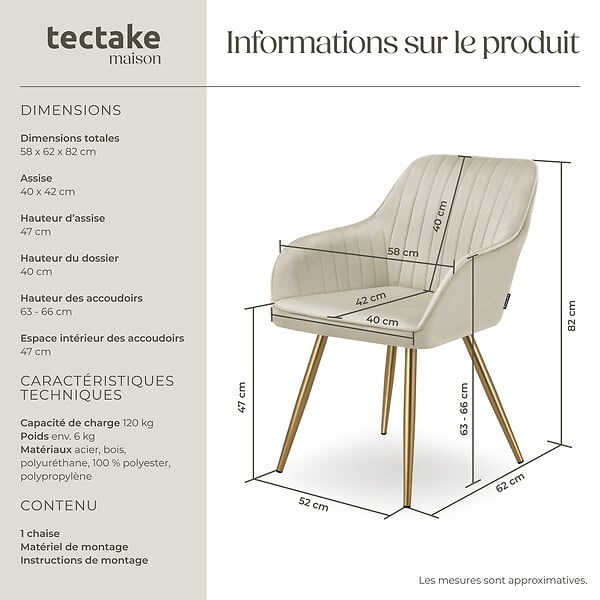 TECTAKE - Chaise de salle à manger aspect velours matelassé crème/or - large