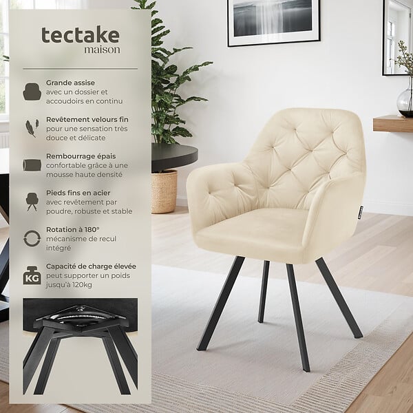 TECTAKE - Lot 2 fauteuils pivotants 180° velours rembourrés matelassés crème - large