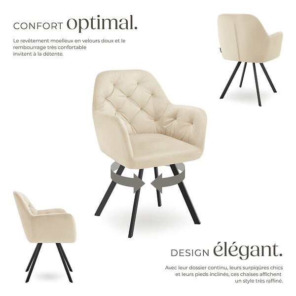 TECTAKE - Lot 2 fauteuils pivotants 180° velours rembourrés matelassés crème - large