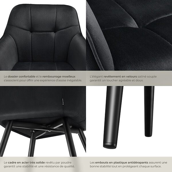 TECTAKE - Lot 4 chaises rembourrées en velours matelassé et dossier continu noir - large