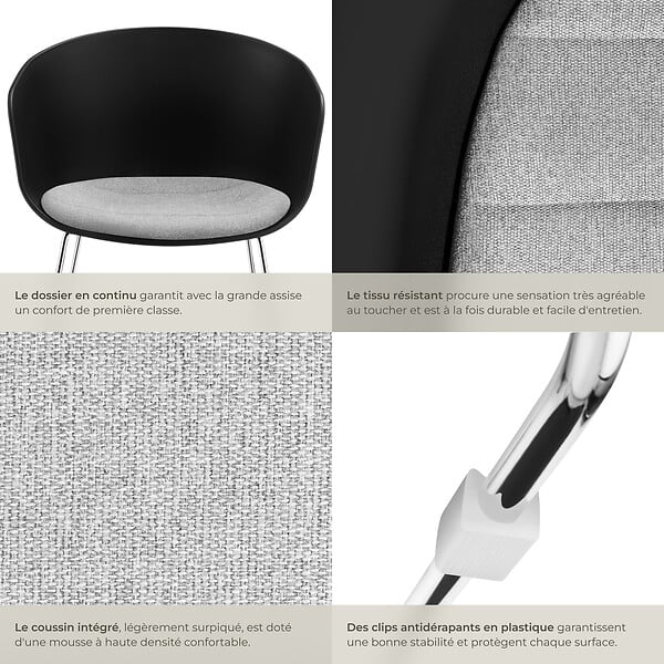 TECTAKE - Lot 4 Fauteuils rembourrés avec accoudoirs en plastique noir/chrome - large