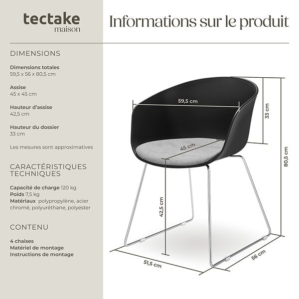 TECTAKE - Lot 4 Fauteuils rembourrés avec accoudoirs en plastique noir/chrome - large