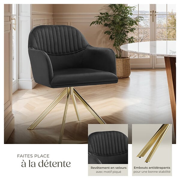 TECTAKE - Lot 2 chaises pivotantes à 360° en velours avec rembourrage noir/or - large