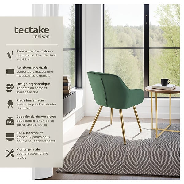 TECTAKE - Lot 4 chaises de salle à manger avec aspect velours capitonné vert/or - large