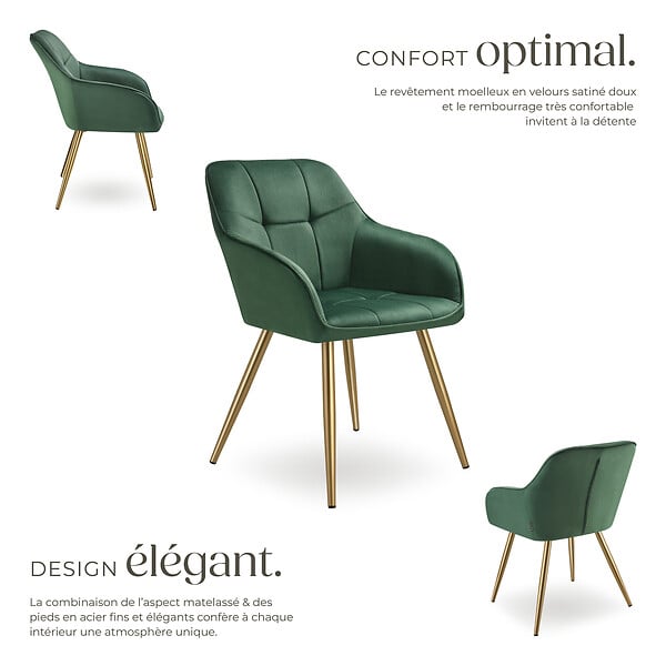 TECTAKE - Lot 4 chaises de salle à manger avec aspect velours capitonné vert/or - large