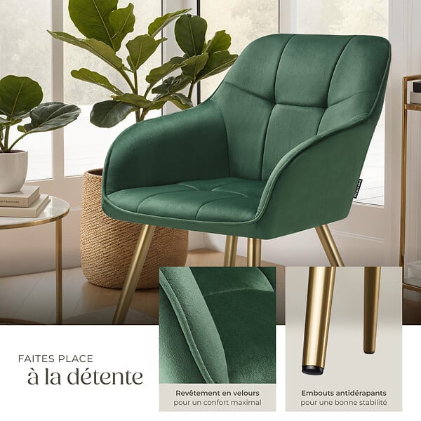 TECTAKE - Lot 4 chaises de salle à manger avec aspect velours capitonné vert/or - large