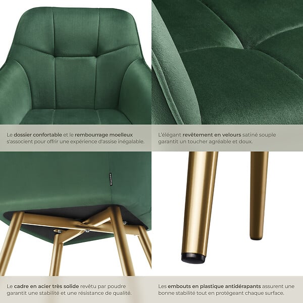 TECTAKE - Lot 4 chaises de salle à manger avec aspect velours capitonné vert/or - large