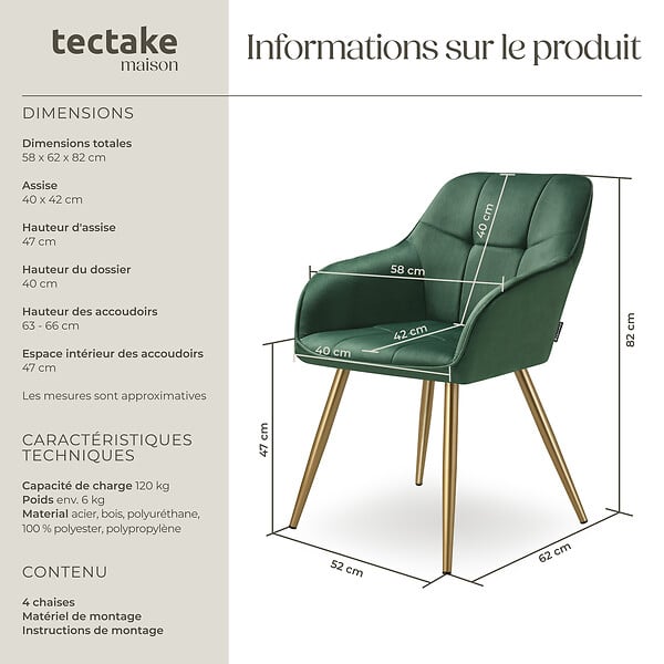 TECTAKE - Lot 4 chaises de salle à manger avec aspect velours capitonné vert/or - large
