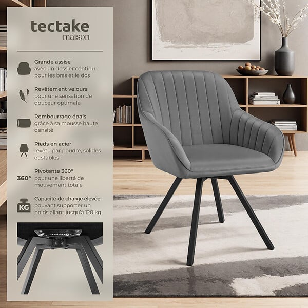 TECTAKE - Chaise pivotante à 360° avec accoudoirs en velours rembourrée gris - large