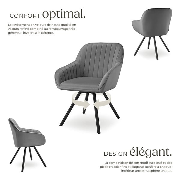TECTAKE - Chaise pivotante à 360° avec accoudoirs en velours rembourrée gris - large