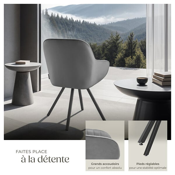TECTAKE - Chaise pivotante à 360° avec accoudoirs en velours rembourrée gris - large
